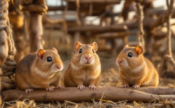 Hyperrealistic photograph of three curious degus exploring a large, multi-tiered cage with natural wood branches, ropes, and hay bedding. Detailed fur texture, whiskers, expressive eyes. Golden hour lighting, soft shadows, shallow depth of field, focus on the degus in a dynamic composition within their habitat. No text.