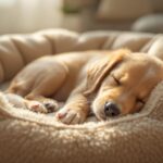 Hyperrealistic image: A golden retriever puppy peacefully asleep in a plush, round dog bed. Soft morning light, cozy living room, shallow depth of field. Photorealistic details, realistic fur texture, anatomically correct, artefact-free. No text, letters, or words.