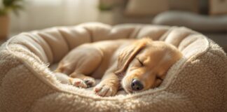 Hyperrealistic image: A golden retriever puppy peacefully asleep in a plush, round dog bed. Soft morning light, cozy living room, shallow depth of field. Photorealistic details, realistic fur texture, anatomically correct, artefact-free. No text, letters, or words.
