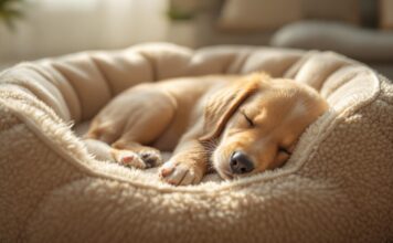 Der perfekte Hundeschlafplatz: So schläft Ihr Liebling wie auf Wolken! Hyperrealistic image: A golden retriever puppy peacefully asleep in a plush, round dog bed. Soft morning light, cozy living room, shallow depth of field. Photorealistic details, realistic fur texture, anatomically correct, artefact-free. No text, letters, or words.