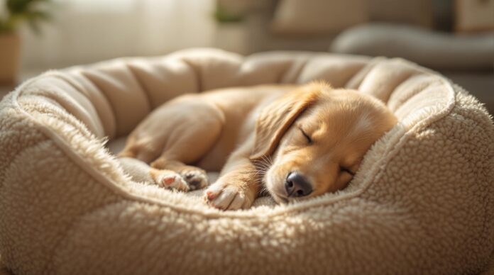 Hyperrealistic image: A golden retriever puppy peacefully asleep in a plush, round dog bed. Soft morning light, cozy living room, shallow depth of field. Photorealistic details, realistic fur texture, anatomically correct, artefact-free. No text, letters, or words.