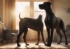 A majestic Great Dane with a glossy black coat standing in a sunlit living room, soft golden light highlighting its muscular build. Depth of field effect, natural pose, no text. Hyperrealistic, photorealistic rendering.