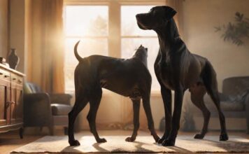 A majestic Great Dane with a glossy black coat standing in a sunlit living room, soft golden light highlighting its muscular build. Depth of field effect, natural pose, no text. Hyperrealistic, photorealistic rendering.