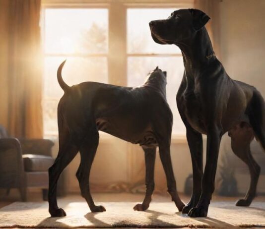 A majestic Great Dane with a glossy black coat standing in a sunlit living room, soft golden light highlighting its muscular build. Depth of field effect, natural pose, no text. Hyperrealistic, photorealistic rendering.