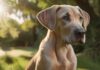 A hyperrealistic close-up of a majestic Great Dane puppy, sitting attentively in a lush green park. Soft, golden sunlight filters through the trees, illuminating its gentle eyes and smooth, fawn coat. No text. Photorealistic. Artifact-free.