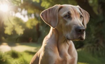 A hyperrealistic close-up of a majestic Great Dane puppy, sitting attentively in a lush green park. Soft, golden sunlight filters through the trees, illuminating its gentle eyes and smooth, fawn coat. No text. Photorealistic. Artifact-free.