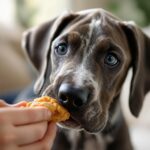 Deutsche Dogge Welpen Erziehungstipps: So legen Sie den Grundstein für ein entspanntes Zusammenleben! Hyperrealistic close-up: Great Dane puppy gently receiving a treat from its owner indoors. Soft, natural light, shallow depth of field, focus on expressive eyes and tender interaction. Incredibly detailed, 8k, cinematic lighting, realistic textures, anatomically correct, artefect-free. No text.