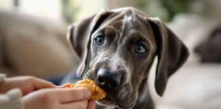 Hyperrealistic close-up: Great Dane puppy gently receiving a treat from its owner indoors. Soft, natural light, shallow depth of field, focus on expressive eyes and tender interaction. Incredibly detailed, 8k, cinematic lighting, realistic textures, anatomically correct, artefect-free. No text.