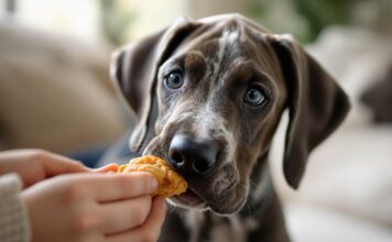 Hyperrealistic close-up: Great Dane puppy gently receiving a treat from its owner indoors. Soft, natural light, shallow depth of field, focus on expressive eyes and tender interaction. Incredibly detailed, 8k, cinematic lighting, realistic textures, anatomically correct, artefect-free. No text.