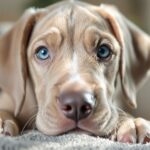 Deutsche Dogge Welpen kaufen: Worauf Sie beim Welpenkauf achten sollten! Hyperrealistic close-up portrait of an adorable, fawn Great Dane puppy with soulful blue eyes, looking directly at the viewer. Soft, detailed fur, natural sunlight, shallow depth of field. Cozy home setting, emphasizing the puppy's gentle giant nature. No text, letters, or words in the image.