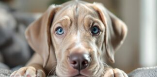 Hyperrealistic close-up portrait of an adorable, fawn Great Dane puppy with soulful blue eyes, looking directly at the viewer. Soft, detailed fur, natural sunlight, shallow depth of field. Cozy home setting, emphasizing the puppy's gentle giant nature. No text, letters, or words in the image.