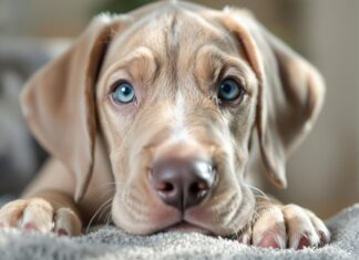 Deutsche Dogge Welpen kaufen: Worauf Sie beim Welpenkauf achten sollten! Hyperrealistic close-up portrait of an adorable, fawn Great Dane puppy with soulful blue eyes, looking directly at the viewer. Soft, detailed fur, natural sunlight, shallow depth of field. Cozy home setting, emphasizing the puppy's gentle giant nature. No text, letters, or words in the image.