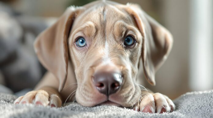 Hyperrealistic close-up portrait of an adorable, fawn Great Dane puppy with soulful blue eyes, looking directly at the viewer. Soft, detailed fur, natural sunlight, shallow depth of field. Cozy home setting, emphasizing the puppy's gentle giant nature. No text, letters, or words in the image.