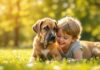 Hyperrealistic, photorealistic image: A ten-week-old Great Dane puppy with fawn fur gently nudges a smiling young girl and boy playing in a sun-drenched park. Golden hour lighting, shallow depth of field, detailed fur texture, vibrant green grass and leaves, soft bokeh background. Artefact-free, no text.