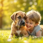 Deutsche Dogge Welpen Sozialisierung: Der Schlüssel zu einem ausgeglichenen Hundeleben! Hyperrealistic, photorealistic image: A ten-week-old Great Dane puppy with fawn fur gently nudges a smiling young girl and boy playing in a sun-drenched park. Golden hour lighting, shallow depth of field, detailed fur texture, vibrant green grass and leaves, soft bokeh background. Artefact-free, no text.