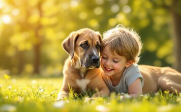 Deutsche Dogge Welpen Sozialisierung: Der Schlüssel zu einem ausgeglichenen Hundeleben! Hyperrealistic, photorealistic image: A ten-week-old Great Dane puppy with fawn fur gently nudges a smiling young girl and boy playing in a sun-drenched park. Golden hour lighting, shallow depth of field, detailed fur texture, vibrant green grass and leaves, soft bokeh background. Artefact-free, no text.