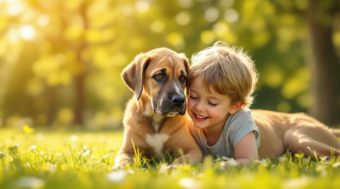 Hyperrealistic, photorealistic image: A ten-week-old Great Dane puppy with fawn fur gently nudges a smiling young girl and boy playing in a sun-drenched park. Golden hour lighting, shallow depth of field, detailed fur texture, vibrant green grass and leaves, soft bokeh background. Artefact-free, no text.