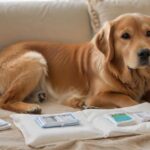 Erste Hilfe Hund: Im Notfall richtig handeln! A veterinary first aid kit for dogs, open, revealing sterile compresses, bandages, antiseptic wipes, tweezers, and a digital thermometer, with a calm Golden Retriever dog in the background, lying comfortably on a soft blanket, soft natural lighting, hyperrealistic scene, no text