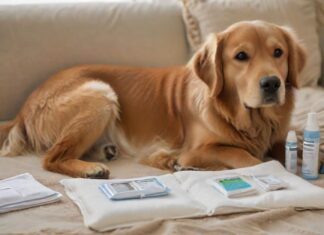A veterinary first aid kit for dogs, open, revealing sterile compresses, bandages, antiseptic wipes, tweezers, and a digital thermometer, with a calm Golden Retriever dog in the background, lying comfortably on a soft blanket, soft natural lighting, hyperrealistic scene, no text