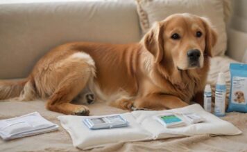 A veterinary first aid kit for dogs, open, revealing sterile compresses, bandages, antiseptic wipes, tweezers, and a digital thermometer, with a calm Golden Retriever dog in the background, lying comfortably on a soft blanket, soft natural lighting, hyperrealistic scene, no text
