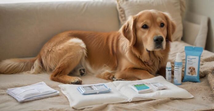 A veterinary first aid kit for dogs, open, revealing sterile compresses, bandages, antiseptic wipes, tweezers, and a digital thermometer, with a calm Golden Retriever dog in the background, lying comfortably on a soft blanket, soft natural lighting, hyperrealistic scene, no text