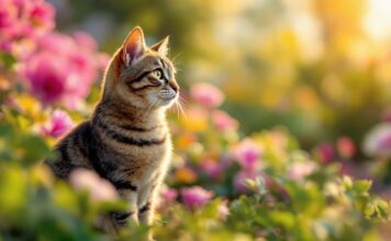 Freigängerkatzen: So schützen Sie Ihren Liebling! Hyperrealistic photograph, tabby cat attentively sitting in a vibrant, sunlit garden. Soft golden hour lighting, shallow depth of field with blurred flowers and foliage. Intricate fur detail, sharp focus on feline eyes. Anatomically correct, no artefacts, no text in image.