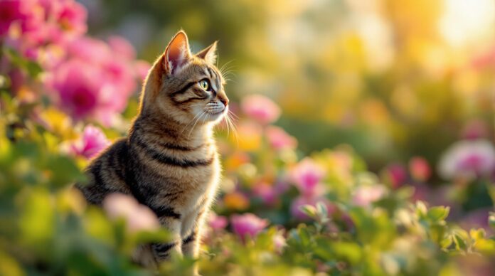 Hyperrealistic photograph, tabby cat attentively sitting in a vibrant, sunlit garden. Soft golden hour lighting, shallow depth of field with blurred flowers and foliage. Intricate fur detail, sharp focus on feline eyes. Anatomically correct, no artefacts, no text in image.