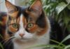 A hyperrealistic close-up shot of a calico cat carefully sniffing amongst lush green non-toxic houseplants, such as cat grass and spider plants. Soft, natural light filters through a nearby window, highlighting the cat's whiskers and the intricate details of the leaves. Bokeh background.