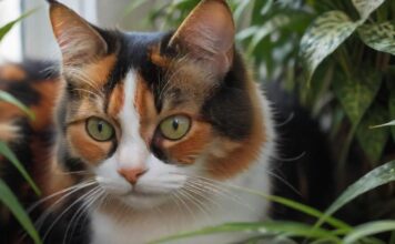 A hyperrealistic close-up shot of a calico cat carefully sniffing amongst lush green non-toxic houseplants, such as cat grass and spider plants. Soft, natural light filters through a nearby window, highlighting the cat's whiskers and the intricate details of the leaves. Bokeh background.