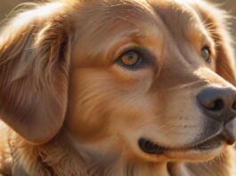 A hyperrealistic close-up of a golden retriever's face, sunlight illuminating its fur. Expressive, joyful eyes and a gentle smile. Soft focus background of green grass. Outdoor, natural light. No text.