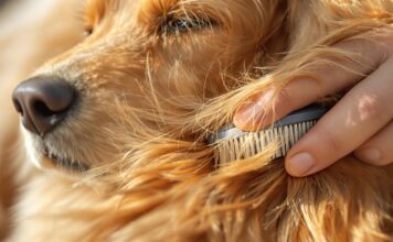 Hyperrealistic extreme close-up: Gentle human hands brush thick golden fur of a Golden Retriever with a slicker brush. Individual fur strands, soft daylight, shallow depth of field, bokeh background, photorealistic, absolutely no text.