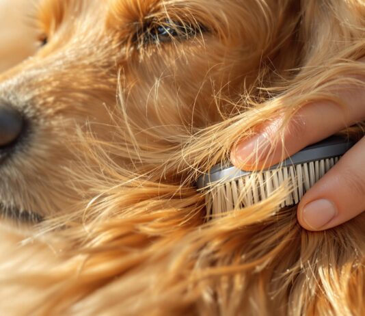 Hyperrealistic extreme close-up: Gentle human hands brush thick golden fur of a Golden Retriever with a slicker brush. Individual fur strands, soft daylight, shallow depth of field, bokeh background, photorealistic, absolutely no text.