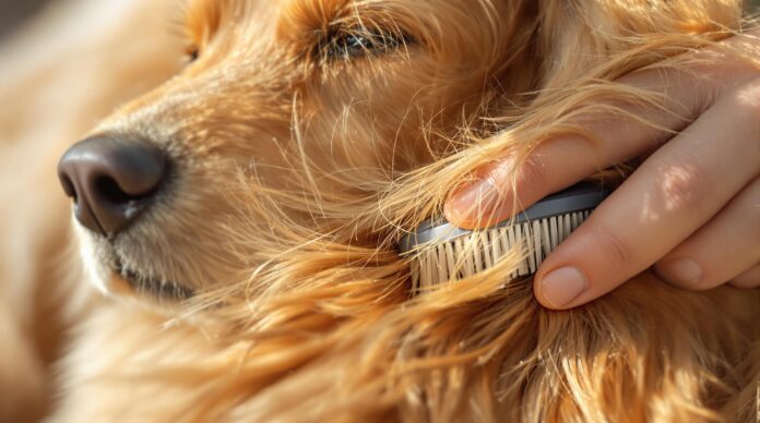 Hyperrealistic extreme close-up: Gentle human hands brush thick golden fur of a Golden Retriever with a slicker brush. Individual fur strands, soft daylight, shallow depth of field, bokeh background, photorealistic, absolutely no text.