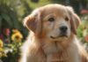 A close-up, hyperrealistic shot of an adorable Golden Retriever puppy with soft, fluffy fur and warm, expressive eyes. Sitting in a sun-drenched, lush green garden, surrounded by vibrant flowers, shallow depth of field, photorealistic, no text.