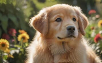 A close-up, hyperrealistic shot of an adorable Golden Retriever puppy with soft, fluffy fur and warm, expressive eyes. Sitting in a sun-drenched, lush green garden, surrounded by vibrant flowers, shallow depth of field, photorealistic, no text.