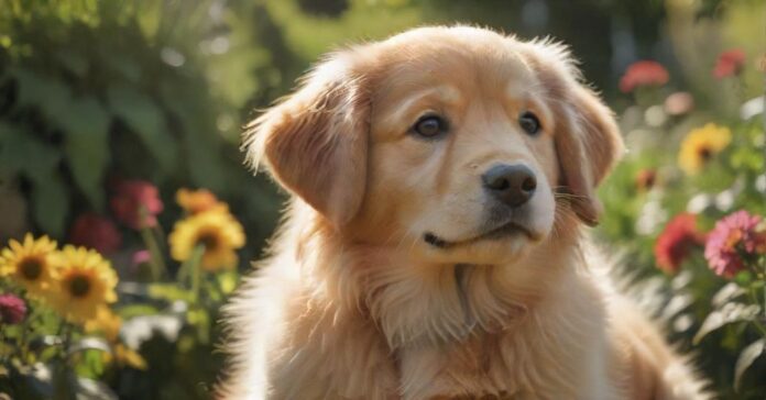 A close-up, hyperrealistic shot of an adorable Golden Retriever puppy with soft, fluffy fur and warm, expressive eyes. Sitting in a sun-drenched, lush green garden, surrounded by vibrant flowers, shallow depth of field, photorealistic, no text.
