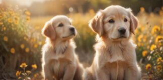 A hyperrealistic,photorealistic image of an adorable Golden Retriever puppy, sitting in a sun-drenched field of golden flowers. Soft, warm lighting, bokeh background, high detail, focused on puppy's expressive eyes. No text.