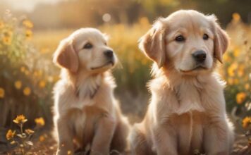 Golden Retriever Welpen Namen: Die schönsten Namen für Ihren Goldie! A hyperrealistic,photorealistic image of an adorable Golden Retriever puppy, sitting in a sun-drenched field of golden flowers. Soft, warm lighting, bokeh background, high detail, focused on puppy's expressive eyes. No text.