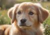 A hyperrealistic close-up of a golden retriever puppy with soft, fluffy fur and warm, expressive eyes. The puppy is sitting in a sunlit field of green grass, surrounded by wildflowers. Natural light, soft focus, shallow depth of field, no text.