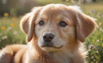 A hyperrealistic close-up of a golden retriever puppy with soft, fluffy fur and warm, expressive eyes. The puppy is sitting in a sunlit field of green grass, surrounded by wildflowers. Natural light, soft focus, shallow depth of field, no text.