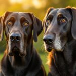 Hyperrealistic photograph, eye-level view, majestic Great Dane and elegant Irish Wolfhound standing side-by-side in a lush green park during golden hour. Soft, warm light, shallow depth of field, bokeh background. Detailed fur texture, expressive eyes. Professional portrait, 85mm lens. No text.