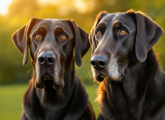 Hyperrealistic photograph, eye-level view, majestic Great Dane and elegant Irish Wolfhound standing side-by-side in a lush green park during golden hour. Soft, warm light, shallow depth of field, bokeh background. Detailed fur texture, expressive eyes. Professional portrait, 85mm lens. No text.