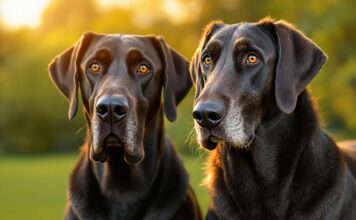 Hyperrealistic photograph, eye-level view, majestic Great Dane and elegant Irish Wolfhound standing side-by-side in a lush green park during golden hour. Soft, warm light, shallow depth of field, bokeh background. Detailed fur texture, expressive eyes. Professional portrait, 85mm lens. No text.