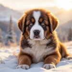 Hyperrealistic portrait of a fluffy Saint Bernard puppy with soulful brown eyes, sitting in a snow-covered alpine meadow. Golden hour lighting, casting long shadows. Individual fur strands visible and detailed. Background: sharp focus on puppy, soft bokeh of snow-covered pine trees and distant, majestic mountains. Intricate details, photorealistic textures. No text, no letters, no words.