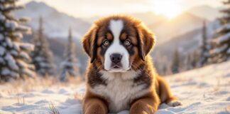 Hyperrealistic portrait of a fluffy Saint Bernard puppy with soulful brown eyes, sitting in a snow-covered alpine meadow. Golden hour lighting, casting long shadows. Individual fur strands visible and detailed. Background: sharp focus on puppy, soft bokeh of snow-covered pine trees and distant, majestic mountains. Intricate details, photorealistic textures. No text, no letters, no words.