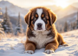 Größte Hunde der Welt Rassenliste: Der ultimative Überblick über Giganten! Hyperrealistic portrait of a fluffy Saint Bernard puppy with soulful brown eyes, sitting in a snow-covered alpine meadow. Golden hour lighting, casting long shadows. Individual fur strands visible and detailed. Background: sharp focus on puppy, soft bokeh of snow-covered pine trees and distant, majestic mountains. Intricate details, photorealistic textures. No text, no letters, no words.