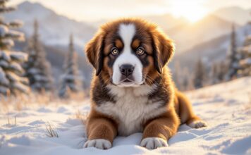 Hyperrealistic portrait of a fluffy Saint Bernard puppy with soulful brown eyes, sitting in a snow-covered alpine meadow. Golden hour lighting, casting long shadows. Individual fur strands visible and detailed. Background: sharp focus on puppy, soft bokeh of snow-covered pine trees and distant, majestic mountains. Intricate details, photorealistic textures. No text, no letters, no words.