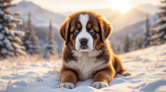 Hyperrealistic portrait of a fluffy Saint Bernard puppy with soulful brown eyes, sitting in a snow-covered alpine meadow. Golden hour lighting, casting long shadows. Individual fur strands visible and detailed. Background: sharp focus on puppy, soft bokeh of snow-covered pine trees and distant, majestic mountains. Intricate details, photorealistic textures. No text, no letters, no words.