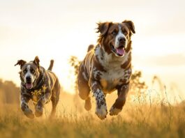 Hyperrealistic wide shot of three giant dog breeds (Irish Wolfhound, Great Dane, Saint Bernard) running together through a grassy field, golden hour lighting, cinematic, shallow depth of field. No text.