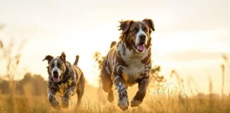 Hyperrealistic wide shot of three giant dog breeds (Irish Wolfhound, Great Dane, Saint Bernard) running together through a grassy field, golden hour lighting, cinematic, shallow depth of field. No text.